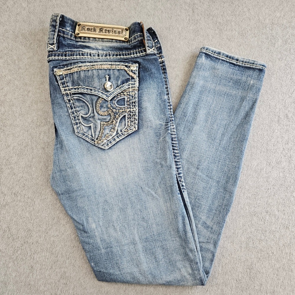 ROCK REVIVAL STACIA | Ankle Skinny Jeans Distressed Rhinestone Flap Pocket Blue